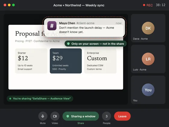 A private message slides into a shared presentation and is struck out by SefaShare